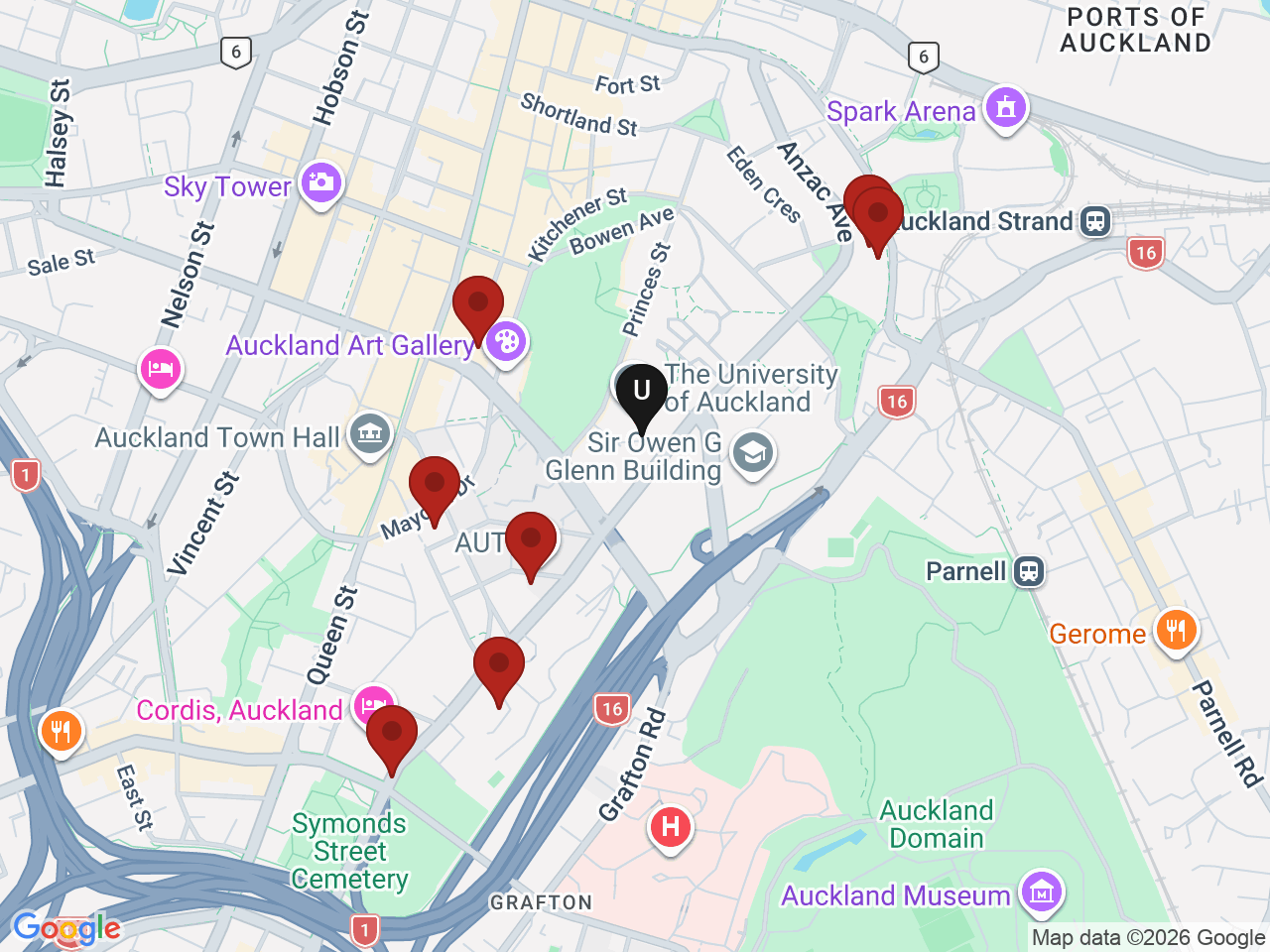 Map of UniLodge homes near Auckland University