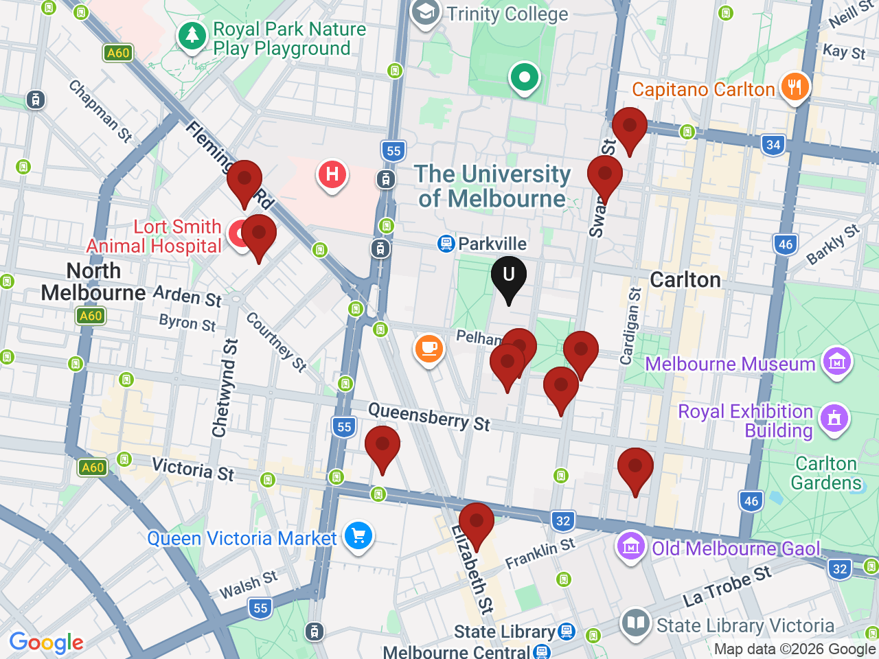 Map of UniLodge homes near Melbourne Business School