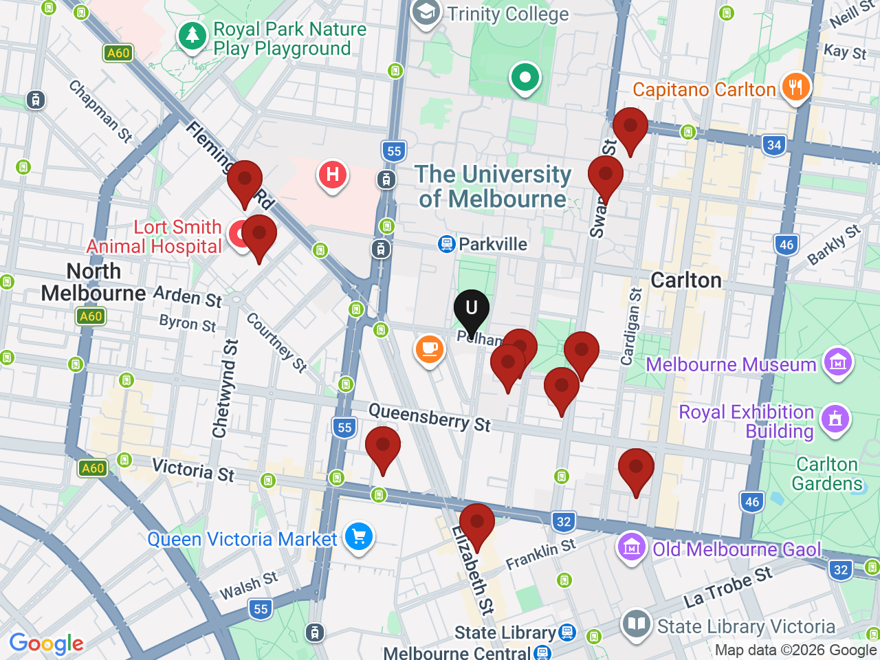 Map of UniLodge homes near Melbourne Law School
