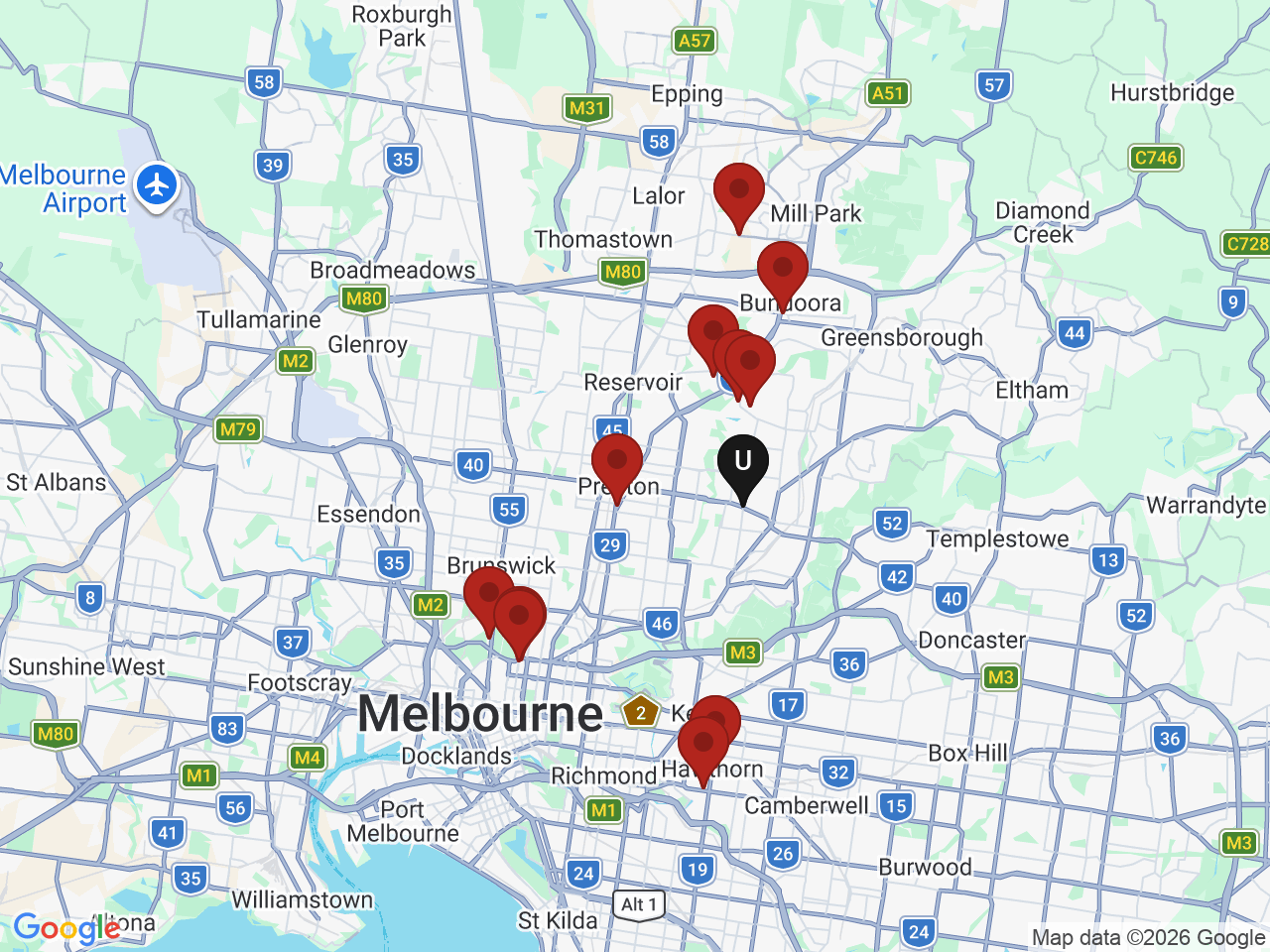 Map of UniLodge homes near Melbourne Polytechnic - Heidelberg (Melbourne)