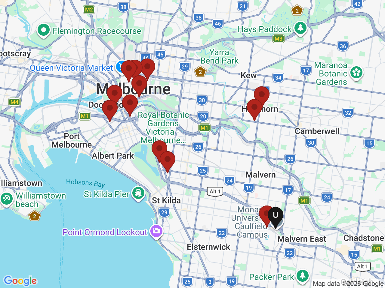 Map of UniLodge homes near Monash University - Caulfield Campus