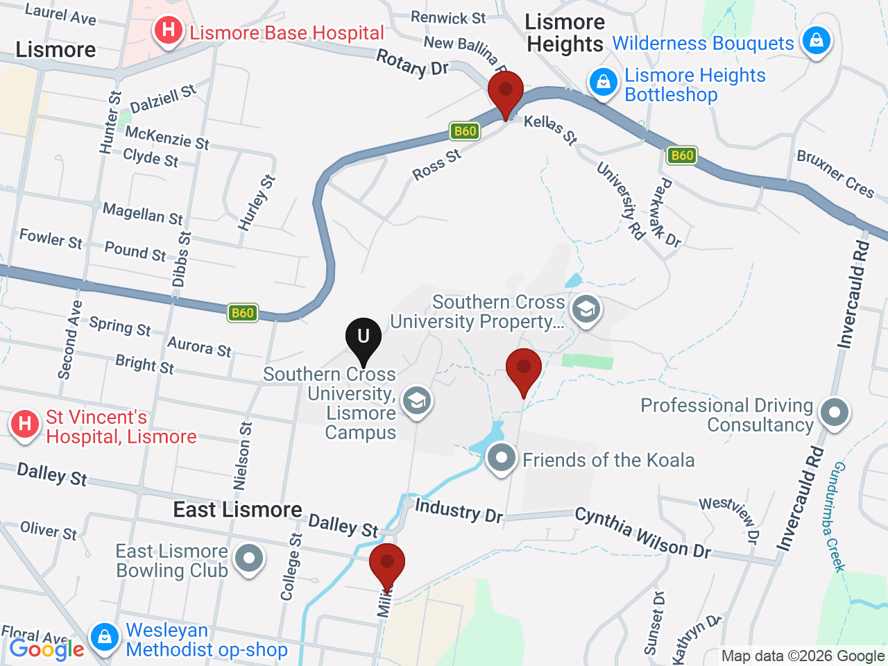 Map of UniLodge homes near Southern Cross University - East Lismore