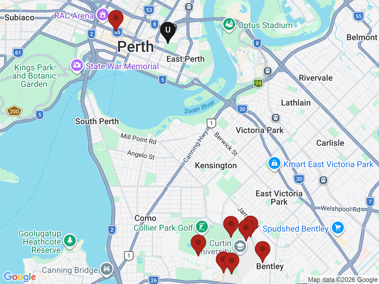 Map of UniLodge homes near Southern Cross University - Perth