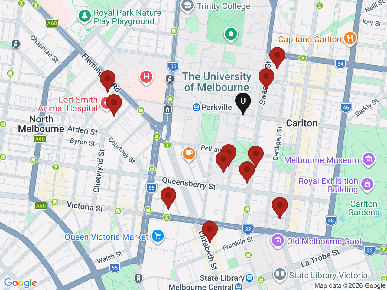 Map of UniLodge homes near University of Melbourne - Parkville Campus (Melbourne)