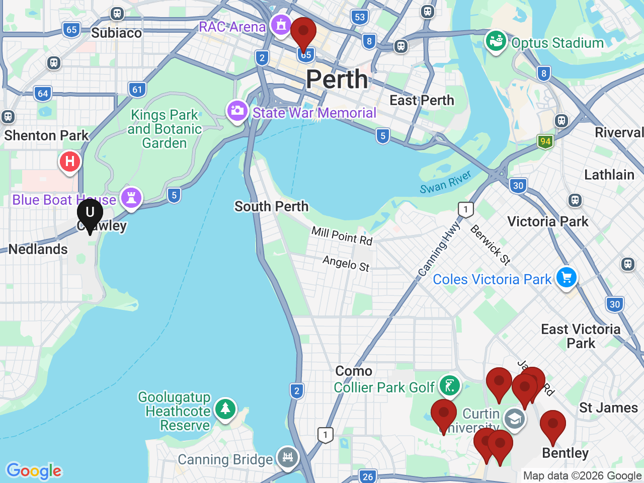 Map of UniLodge homes near University of Western Australia