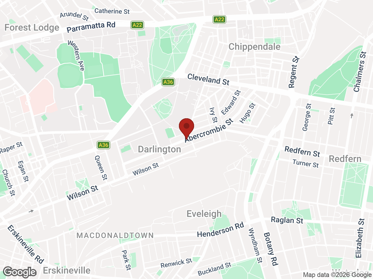 Map showing University of Sydney - Abercrombie, Darlington