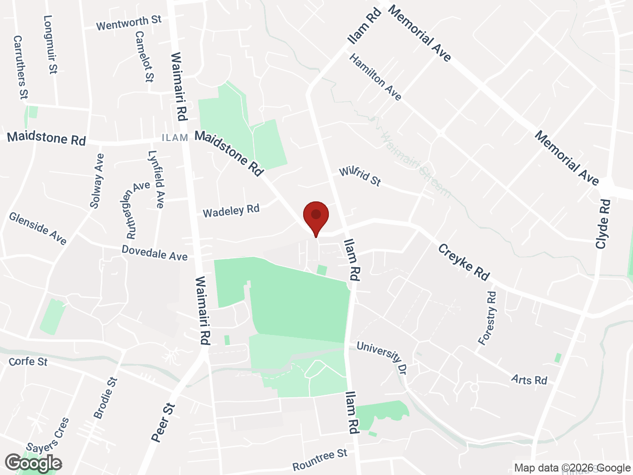 Map showing University Hall, Ilam